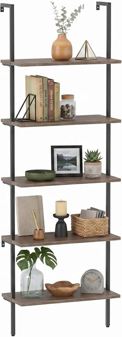aboxoo Ladder Shelf Open Bookshelf 5-tier Wood Wall-mounted Bookcase Storage Rack Open Back Industrial Modern Plant Flower Stand Utility Organizer Bookcase Metal Frame Furniture Office Kitchen Bedroom