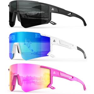 Polarized Sports Sunglasses for Men Women, UV400 Protection Mens Sunglasses Wrap Around Sun Glasses for Cycling Running (A13-grey/Pink/Ice Blue)