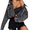 LONGYIDA Women's Cropped Denim Jacket | Distressed Button-Down Jean Jacket | Long Sleeve Ripped & Frayed Blue Coat (Large, 1#black)