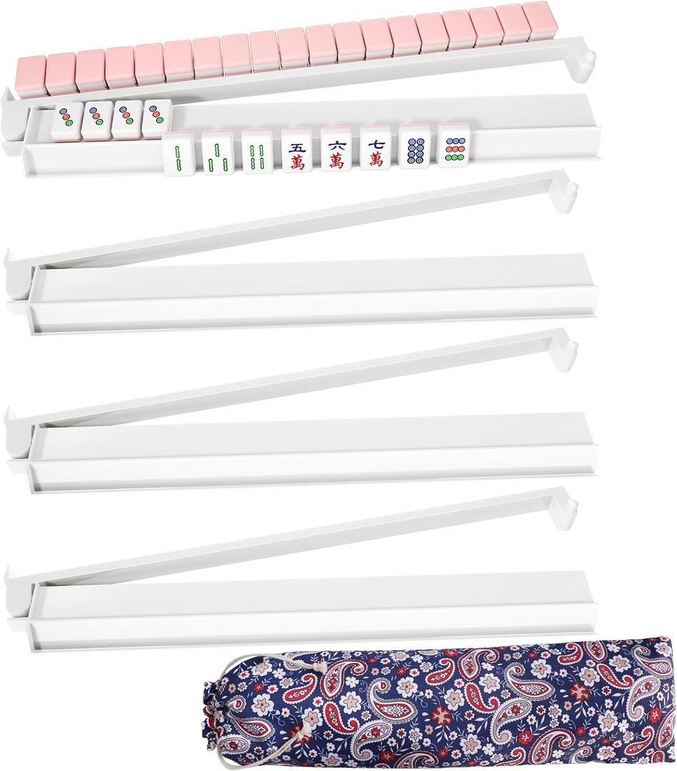 Mahjong Racks with Pushers Set of 4, All in One Acrylic Mahjong Pushers and Racks, Portable American Mahjong AccessoriesWhite, 18.7 x 3.1 x 1.2 inches