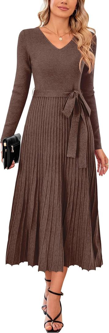 Arach&Cloz 2024 Fall Wool Blended Womens Long Sleeve V Neck Tie Waist Pleated A Line Ribbed Knit Pullover Midi Sweater Dress (Large, Coffee)