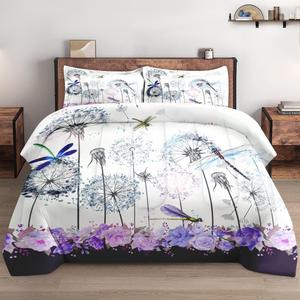 King Size Comforter Set with 2 Pillowcases, Spring Dragonfly Purple Flower 3 Pcs Bedding for Kids and Adults, Vintage Summer Botanical Soft Comforter Set for Bedroom Bed Decor
