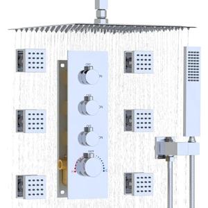 Enga Shower Jets System in Wall, 16 Inch Rain Shower Head with Body Spray Thermostatic Shower Faucet Set, Can Use All Functions At a Time (Volume Adjustable)