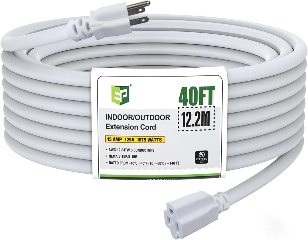 EP 40 Ft Outdoor Extension Cord, 12/3 SJTW Heavy Duty Extension Cable with 3 Prong Grounded Plug, 15 AMP Power Cord for Lawn, Garden, Appliances, White (40ft)