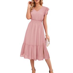 GRACE KARIN Women 2023 Summer Dress Midi Dress Gold Dots V Neck Ruffle Cap Sleeve Flowy Split Tiered A-Line Wedding Guest Dress Light Pink M (Pink)