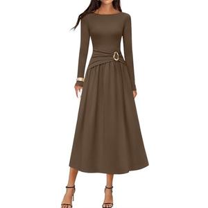 MEROKEETY Women's 2025 Fall Long Sleeve Midi Dress Elegant Boat Neck Ruched Swing Cocktail Party Dresses, XS