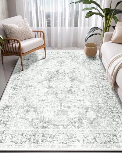 RELEANY Area Rugs 5'x7' Washable Non-Slip, Floral Vintage Distress Print Pattern Medallion Carpet for Living Room Bedroom Dining Room, White Gray, Light Grey