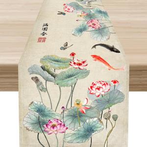 Chinese Table Runner, Traditional Japanese Asian Ink Painting Iotus Flower Koi Butterfly Nature Oriental Vintage Table Center Decor for Family Kitchen Outdoor Holiday Party Table Decorations, 13"x72"