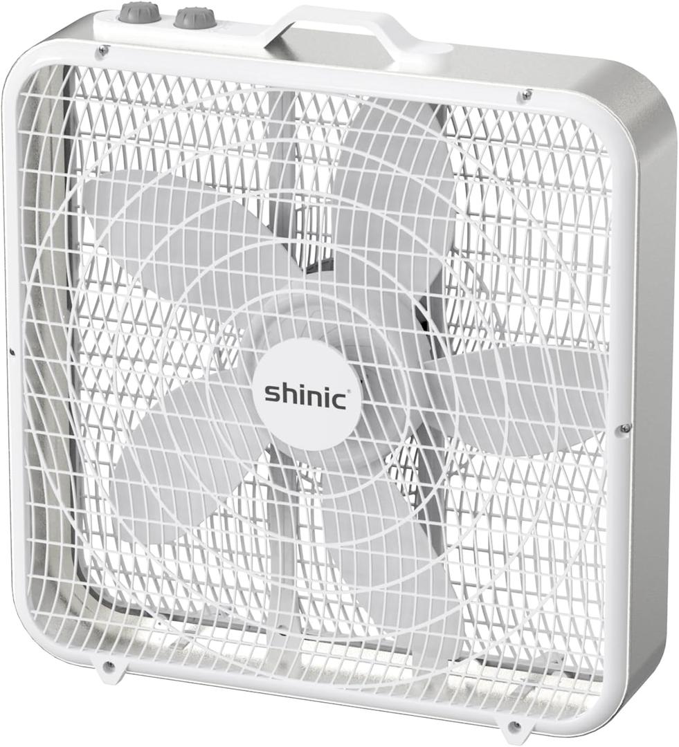 shinic 20 inch Box Fan with Thermostat, 3-Speed Metal Frame Window Box Fan with Carry Handle & Non-Slip Feet, Auto Temperature Control Cooling Fan for Bedroom, Garage, Home Office, Basement, Medium