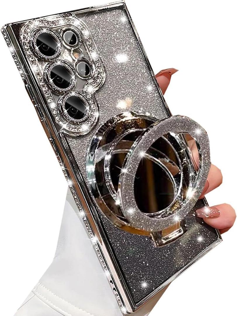 for Samsung Galaxy S23 Ultra Magnetic Kickstand Glitter Case,[Compatible with Magsafe] Bling Sparkly Rhinestone with Camera Protector Makeup Mirror Women Girl Case for Galaxy S23 Ultra,Silver