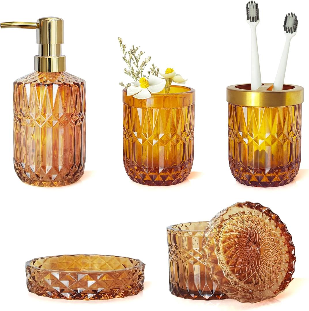 Amber Bathroom Accessories Set, 5Pcs Brown Glass Bathroom Accessories, Hand Soap Dispenser, Soap Dish, Toothbrush Holder Set, Qtips Holder for Vanity Bathroom Decor, Gift Set
