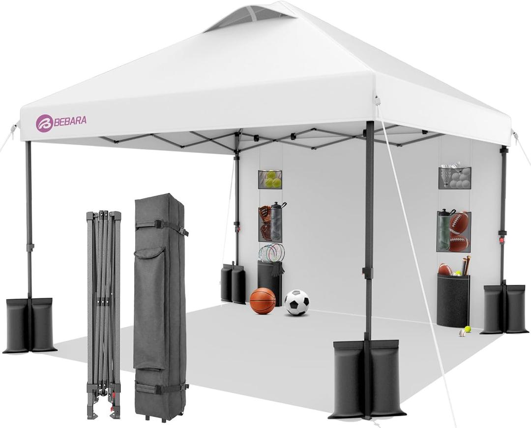 10x10 Pop Up Canopy with Sidewall, One-Person Setup - Sturdy Frame, UV & Water Resistant Canopy Tent w/Wheeled Carry Bag for Beach, Patio, Camping & Events