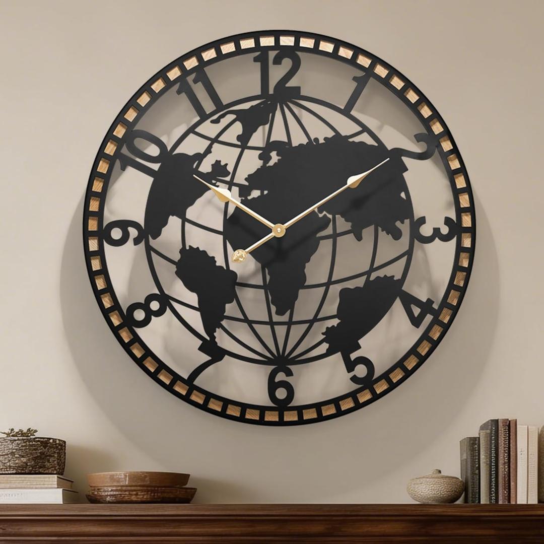 Large World Map Wall Clock 24 Inch,Non-Ticking Metal Decorative Wall Clock, Silent Battery Operated Wall Clock for Living Room, Office,Kitchen & Dining Room Wall Decor