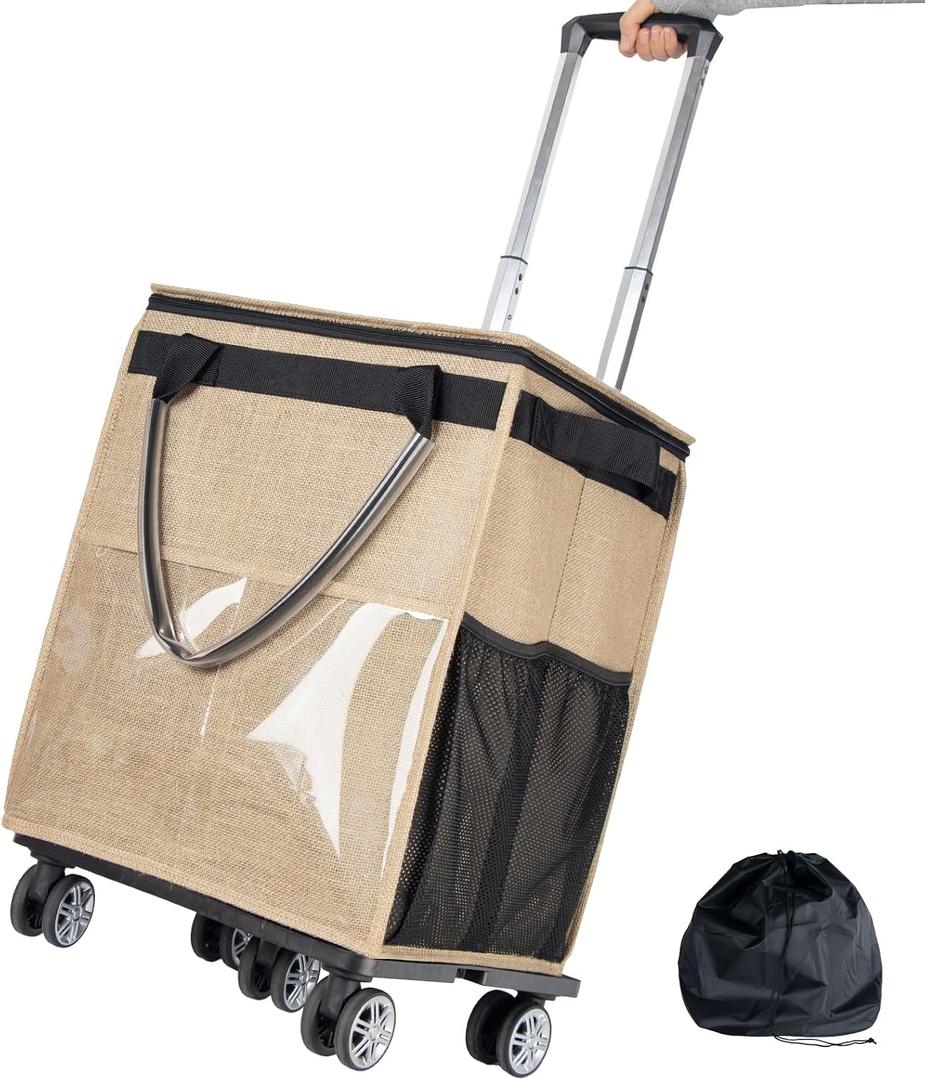 Reusable Grocery Bags on Wheels, Rolling Tote, Portable Shopping Cart for Groceries with Wheels and Drawstring Bag, Trolley, 54L, Foldable, Khaki