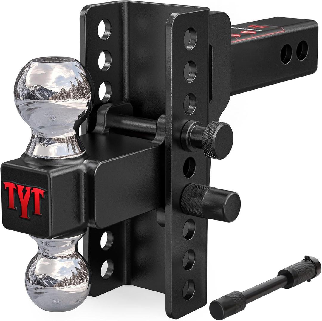 TYT Adjustable Truck Trailer Hitch for 2.5 inch Receiver, 6" Drop/Rise Tow Hitch with Dual Balls (2" & 2-5/16"), Includes Two Pin Locks & Hitch Tightener