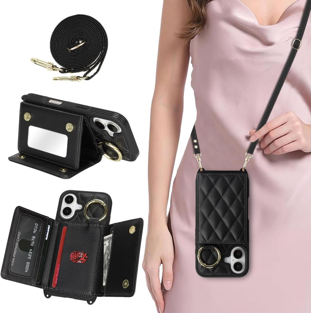 for iPhone 16 Case with Card Holder and Strap for Women,Crossbody Lanyard, Make Up Mirror,Ring Stand,Snap Clasp,Cute Phone Wallet Cases 6.1 inch - Black