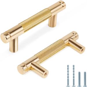 Knurled Cabinet Pulls 2 Pack, 3.5 Inch Long Cabinet Handles Metal Door Pulls, Kitchen Drawer Pull Knurled Dresser Handles - 2 1/2" Hole to Hole, Golden (64mm | 2-1/2 inch C/C)