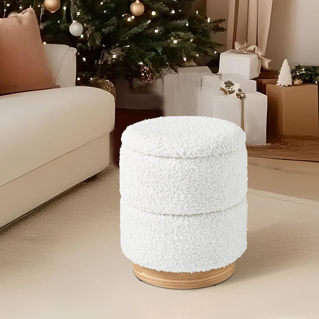 Get Set Style Round Ottoman with Storage, Modern Boucle Ottoman Upholstered Foot Stools with Wood Base, Vanity Stool Chair, Footrest Stool Extra Seat for Living Room Bedroom Entryway (White), 14.6"D x 14.6"W x 17.7"H