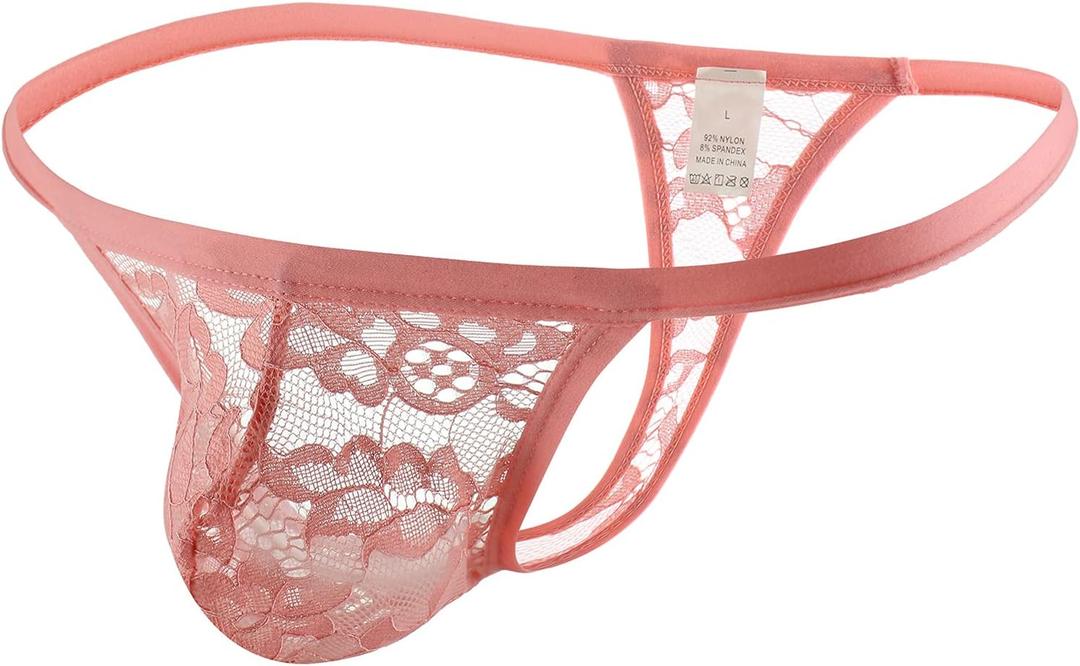 eywlwaar Mens G-String Thongs Underwear Sexy Low Rise Lace Panties (Medium, Pink)