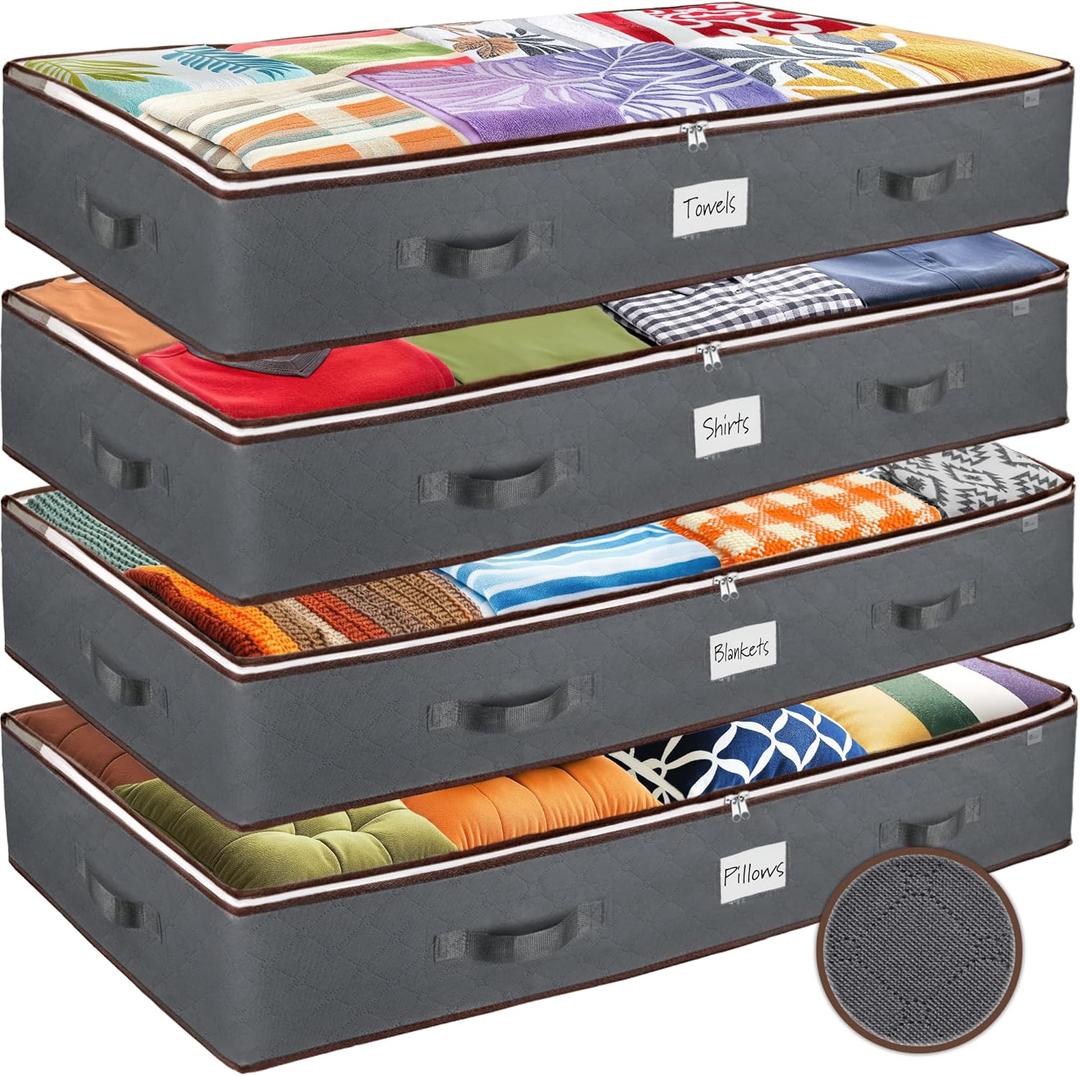 Under Bed Storage Bins - Pack Of 4 Under The Bed Storage Containers For Clothes, Blankets, Winter Clothing, & Shoes - Underbed Storage Containers With Handles, Dual Zippers, & Clear Top (Gray)