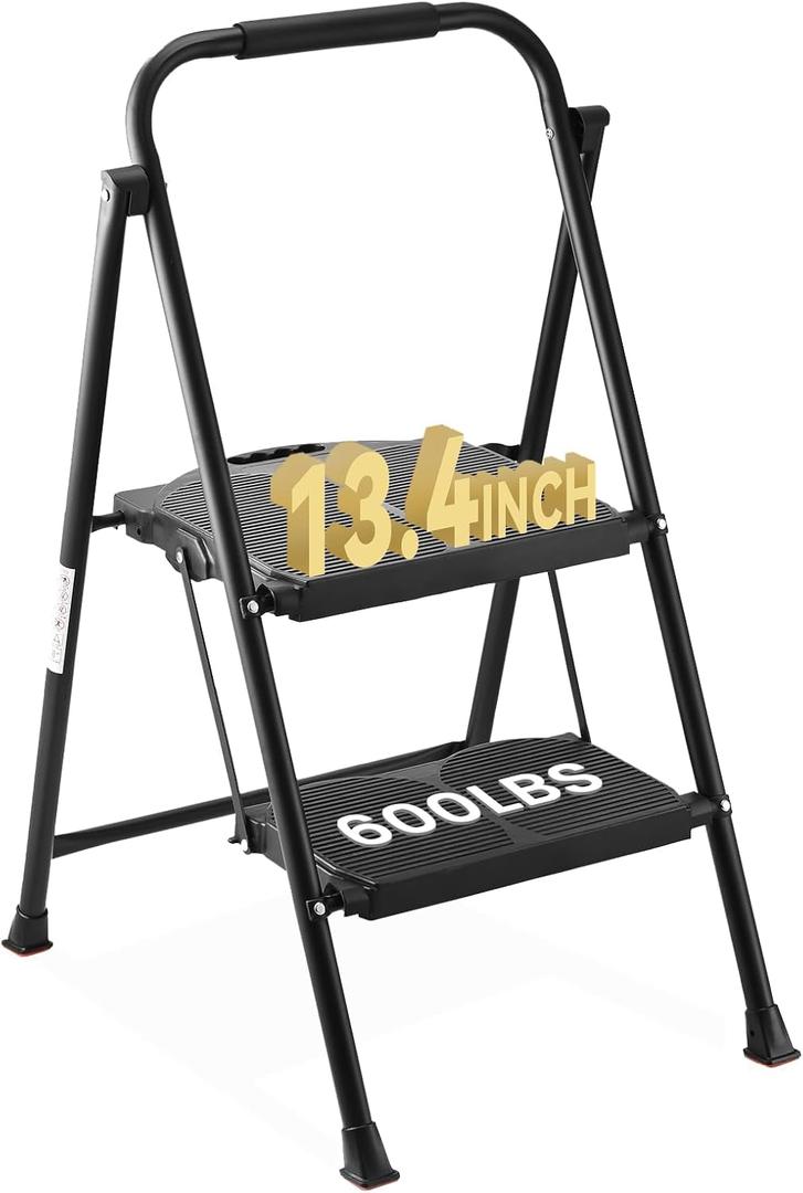 600lbs 2 Step Ladder,Folding Step Stool with Wide Anti-Slip Pedal, Heavy Duty Sturdy Steel Ladder with Handgrip,Portable Steel Step Stool for Home Kitchen Library Office (Matte Black)