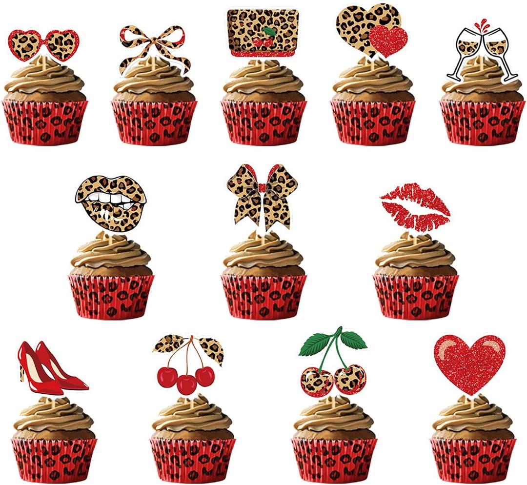 12Pcs Cheetah Print Cupcake Toppers, Birthday Cupcake Decorations with Cherry Animal Print Designs, Cake Toppers Decor for Girl Boy Party Supplies