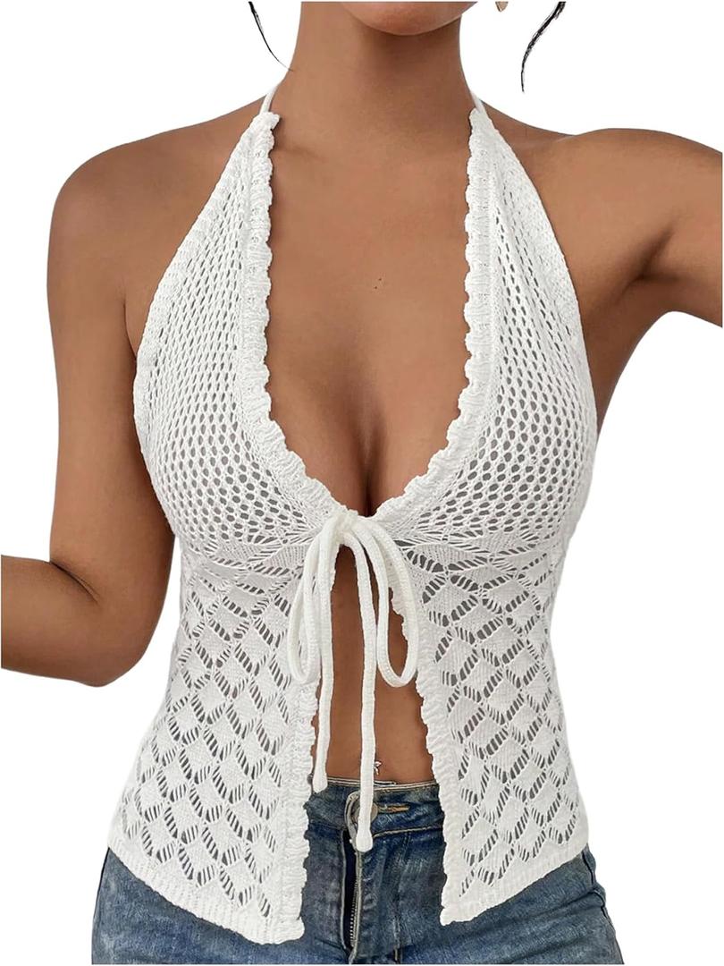 SOLY HUX Women's Crochet Tie Front Halter Neck Crop Camisole Top Swimsuit Cover Up Beachwear, S