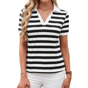 LilyCoco Womens Striped Shirt Fitted Collared Neck Short Sleeve T Shirt Black and White Medium (M)