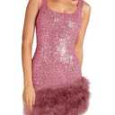Wenrine Womens Sparkly Sequin Dress Bodycon Square Neck Fur Club Party Mini Dresses Pink S