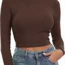 Artfish Women's Round Neck Long Sleeve Knit Ribbed Fitted Crop Top Casual Basic Shirts (X-Large, Brown)