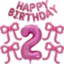 Pink Happy Birthday Balloons Banner, Giant Pink Bow Foil Balloons Number 2 Balloon Party Decor for Girls 2nd Birthday