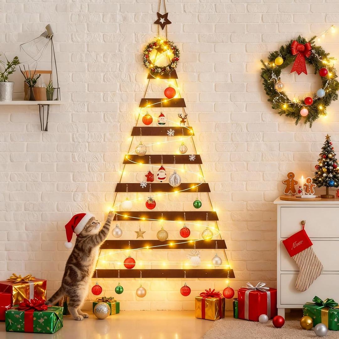 Cat Proof Wall Christmas Tree with Light Hanging Mounted Wood Christmas Trees Wall Hanging Xmas Decor with Hooks Wooden Flat for Xmas Holiday Decoration Cat Home Indoor Office Party Supply