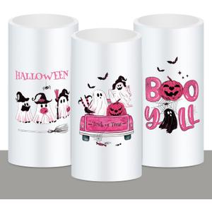 Whaline Halloween LED Flameless Candles Pink Ghost Pumpkin Warm Light Battery Operated Pillar Candles Electric Flickering Candles for Halloween Party Home Decor, Set of 3
