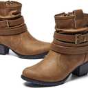 VJH confort Women's Mid Calf Boots,Round Toe Comfort Low Heel Slouchy Dress Booties with Buckle Strap Side Zipper (9, Camel)