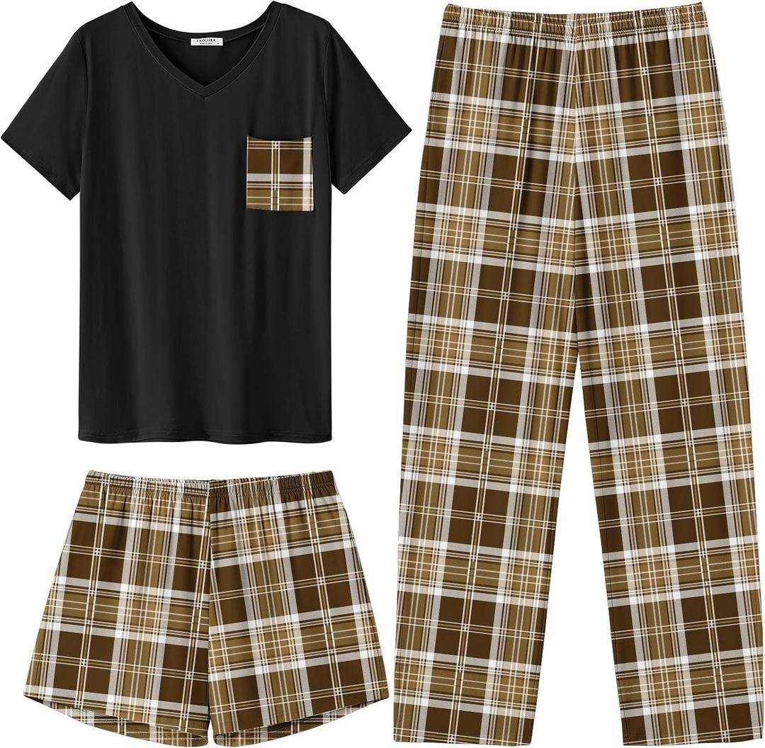 Ekouaer Women's 3 Piece Pajama Set Short Sleeve Sleepwear Pj Set Top and Shorts Pants Pjs with Pockets (Large, Brown Plaid) Ekouaer Women's 3 Piece Pajama Set Short Sleeve Sleepwear Pj Set Top and Shorts Pants Pjs with Pockets (Large, Brown Plaid)