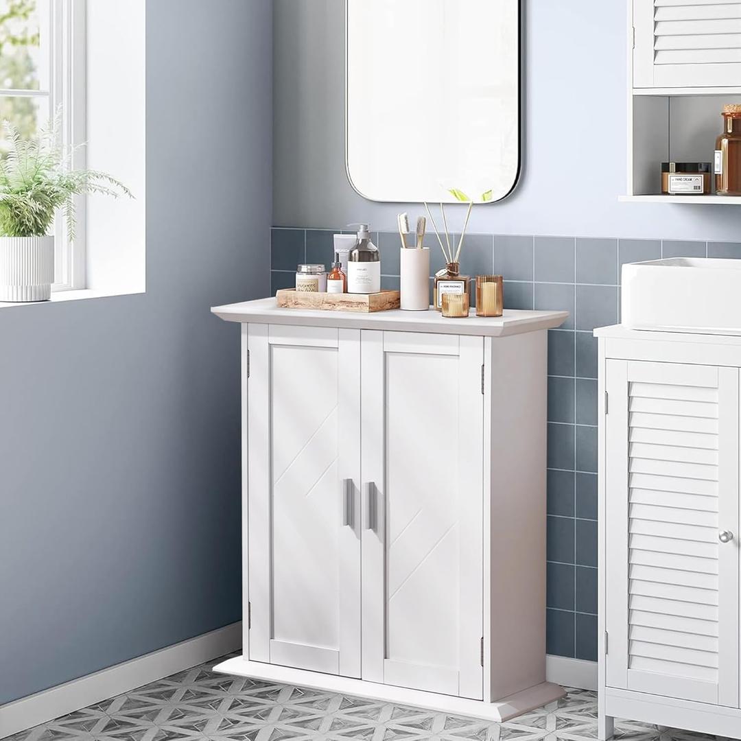 VECELO Bathroom Floor Cabinet, Freestanding Storage with Double Doors and 2-Tier Adjustable Shelves, 21.1" L x 8.78" W x 24.02" H, White