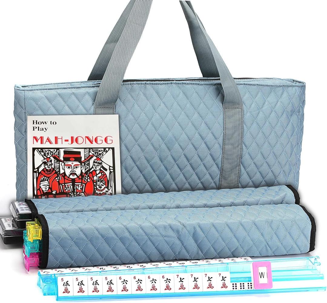 American Mahjong Game Set - Pearl Gray Quilted Soft Bag - 166 White Engraved Tiles, 4 All-in-One Rack/Pushers Complete Western Mah-Jongg, Maj Jongg, Ma Jong Set