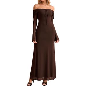 KUTUMAI Elegant Off Shoulder Long Sleeve Maxi Dress Bodycon Tie Formal Wedding Guest Dresses for Women 2025 Fall (XS)
