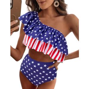 VIMPUNEC Ruffle One Shoulder Swimsuits for Women Striped High Waisted Two Piece Bathing Suits (Small, American Flag 3)
