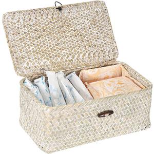 Sumnacon Wicker Basket with Lid Rectangle Woven Baskets for Toiletries Tampon Storage,Wicker Storage Basket with Lid,Decorative Seagrass Storage Baskets for Shelf Bathroom Toilet Table,Whitewash (X-Small)