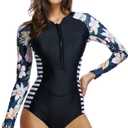Women's One Piece Long Sleeve Rash Guard UV Protection Printed Surfing Swimsuit Swimwear Bathing Suit XL