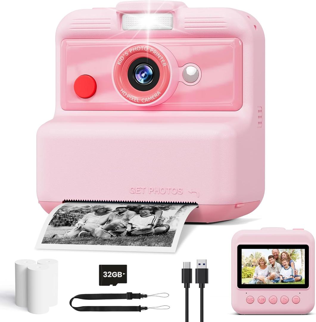 Kids Camera Instant Print, 48MP/2.5K UHD Kids Instant Print Camera, Christmas Birthday Gifts for Girls and Boys, 3.0" Screen with Print Paper & 32G Card, Toddler Toy for Age 3-14 (Pink)
