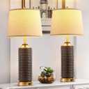 Farmhouse Table Lamps for Bedrooms Set of 2, 28" Ceramic Table Lamp for Living Room with Brown Finish, 3-Way Dimmable Touch Control Nightstand Lamp with Linen Drum Shade (Bulbs Included)