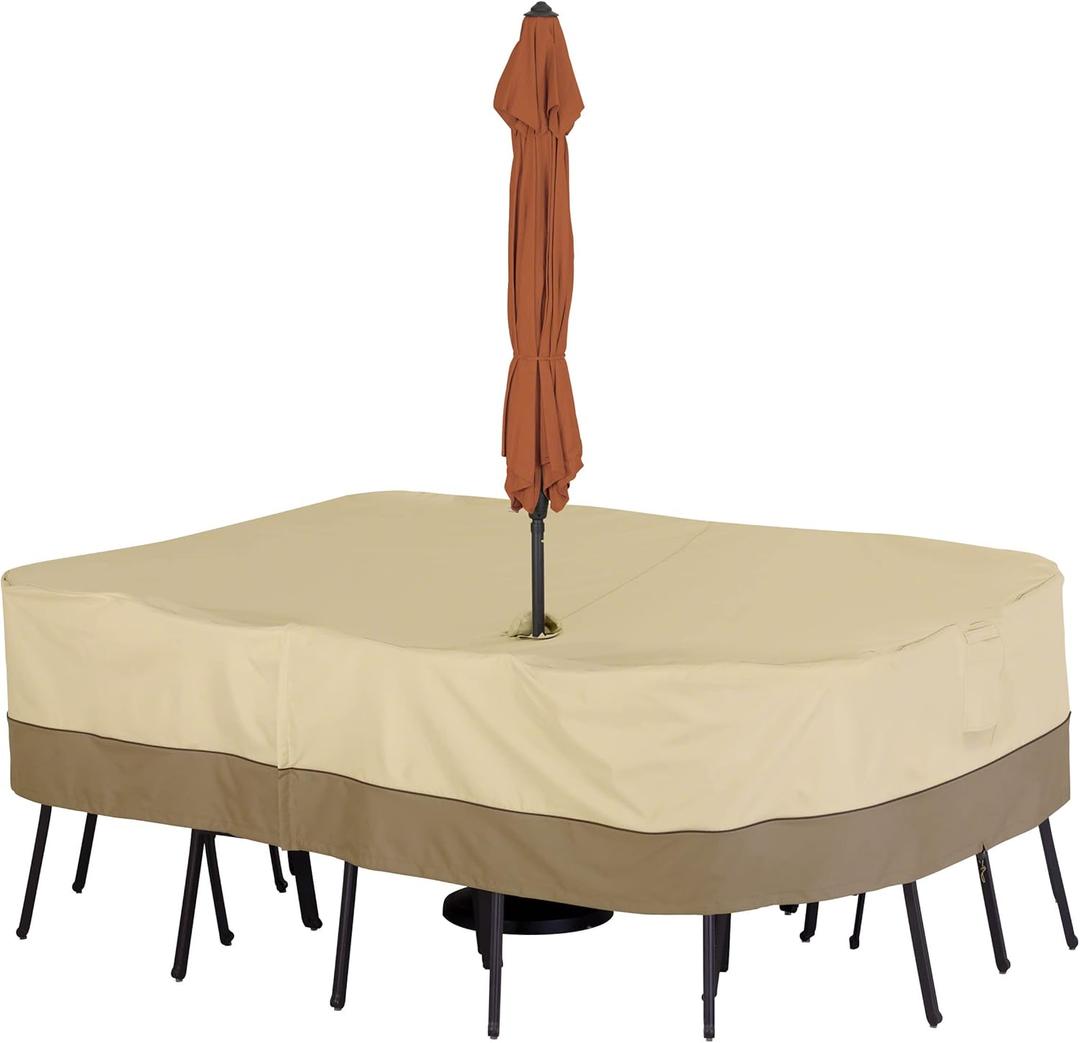 Classic Accessories Veranda Water-Resistant 88 Inch Rectangular/Oval Patio Table & Chair Set Cover with Umbrella Hole, Outdoor Table Cover
