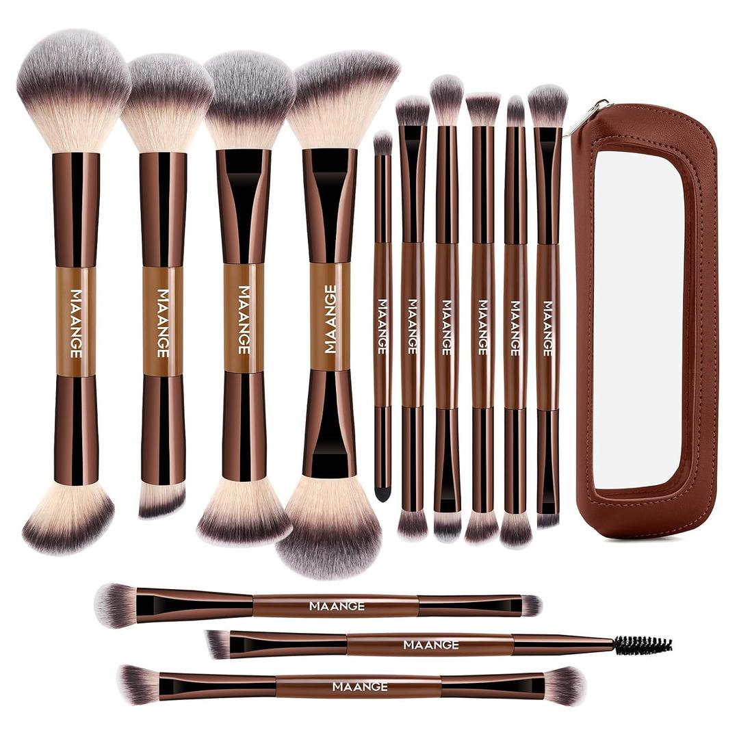 MAANGE 13 Pcs Foundation Makeup Brush Set With Bag, Make up Brushes, Double-End Multi Functional Makeup Brushes, Professional Face Brush Set Tools For Liquid Powder Concealer Cream Blush (Coffee)