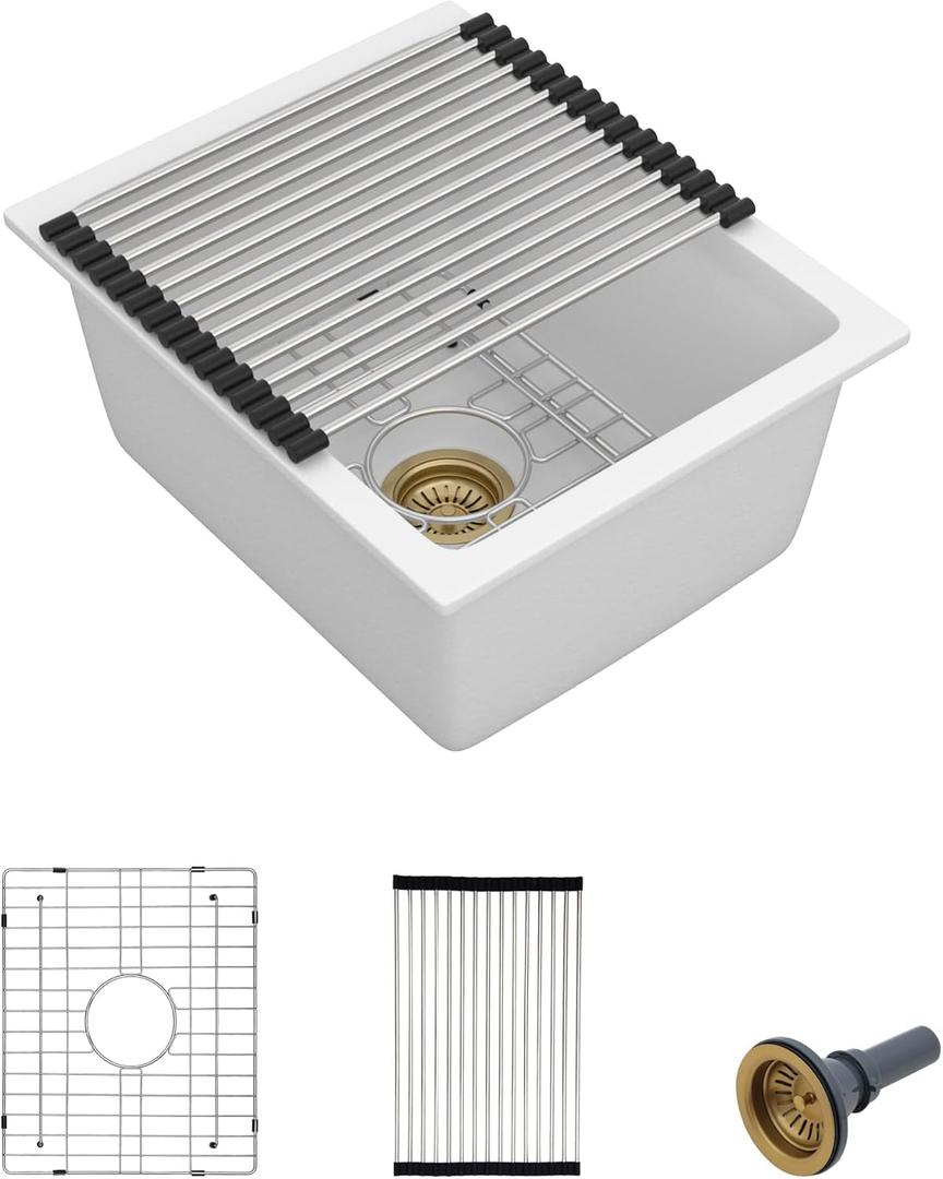 15"x18" Undermount Bar Prep Sink  White Granite Composite Quartz Classic Under Counter Single Bowl Sink Basin for Wet Bar, RV, Small Kitchen, Mobile Home