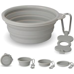 Bonza Collapsible Dog Bowls - Medium 25 oz, Dog Travel Accessories, Silicone Portable Dogs Bowl & Water Dish with Reinforced Rim & Carabiner for Hiking, Camping, and Car Trips, Light Gray