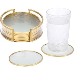 JUXYES Set of 8 Glass Round Coasters with Holder, Golden Brass Coasters for Drinks Glass Cup Coaster Set Modern Coaster Cups Mats Decor for Restaurant Kitchen Bar Dining Table