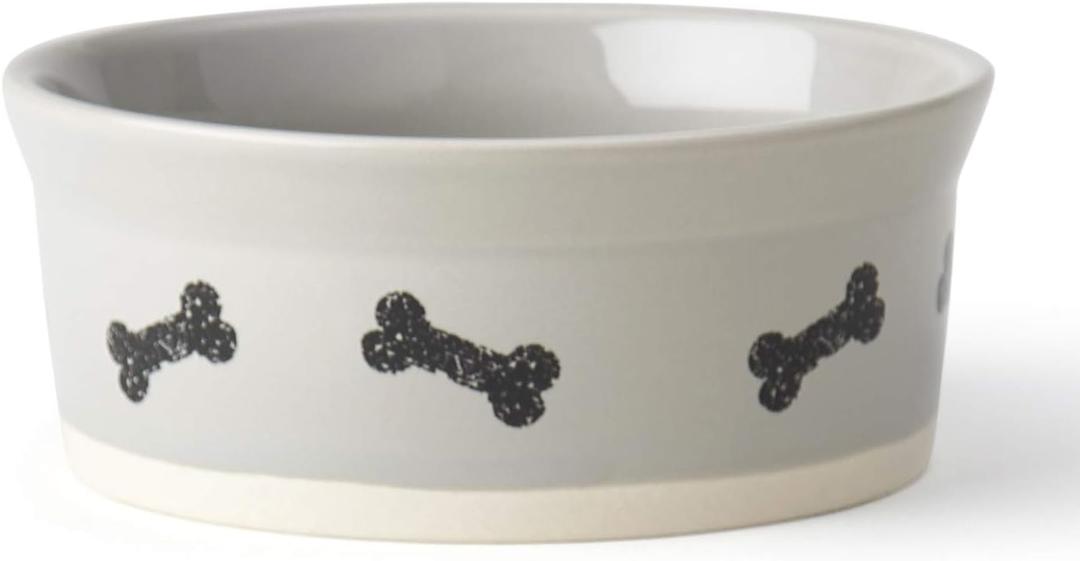 PetRageous 17002 Classy Bones Two-Tone Stoneware Dishwasher-Safe Dog Bowl 1.5-Cup Capacity 5-Inch Diameter 2-Inch Tall for Extra Small Dogs or Small Dogs and Cats, Grey
