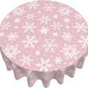 Pink Christmas Tablecloth Round 60 Inch White Snowflake Winter Print Xmas Holiday Theme Decorative Table Cloth Seasonal Rustic Farmhouse for Indoor Party Kitchen Dinner Picnic Decor